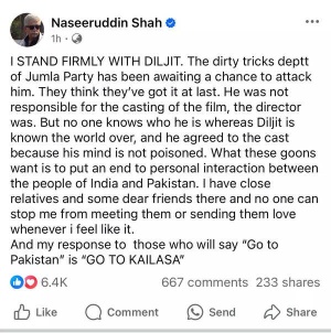 Naseeruddin Shah Defends Diljit Dosanjh Amid 'Sardaar Ji 3' Casting Row, Blames Director; Tells Critics to 'Go To Kailasa'