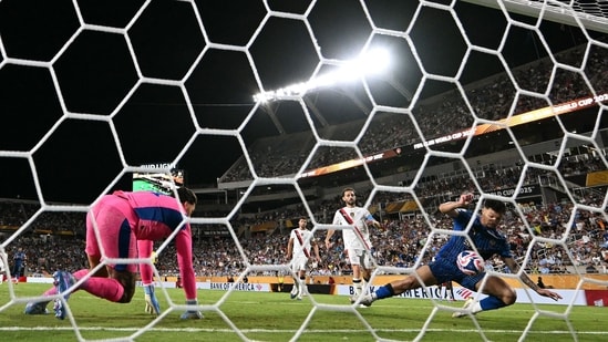 Marcos Leonardo scores his team's fourth goal during the FIFA Club World Cup 2025 round of 16 football match between England's Manchester City and Saudi's Al-Hilal(AFP)